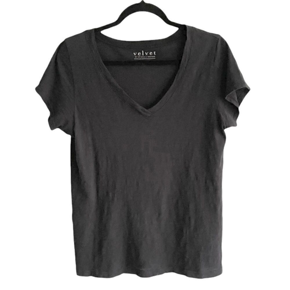 Velvet By Graham & Spencer Black Cotton Slub V-Neck T-Shirt XS